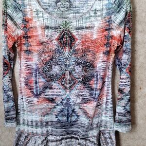 V Cristina Beaded Fleur de Lis Burnout Top, M